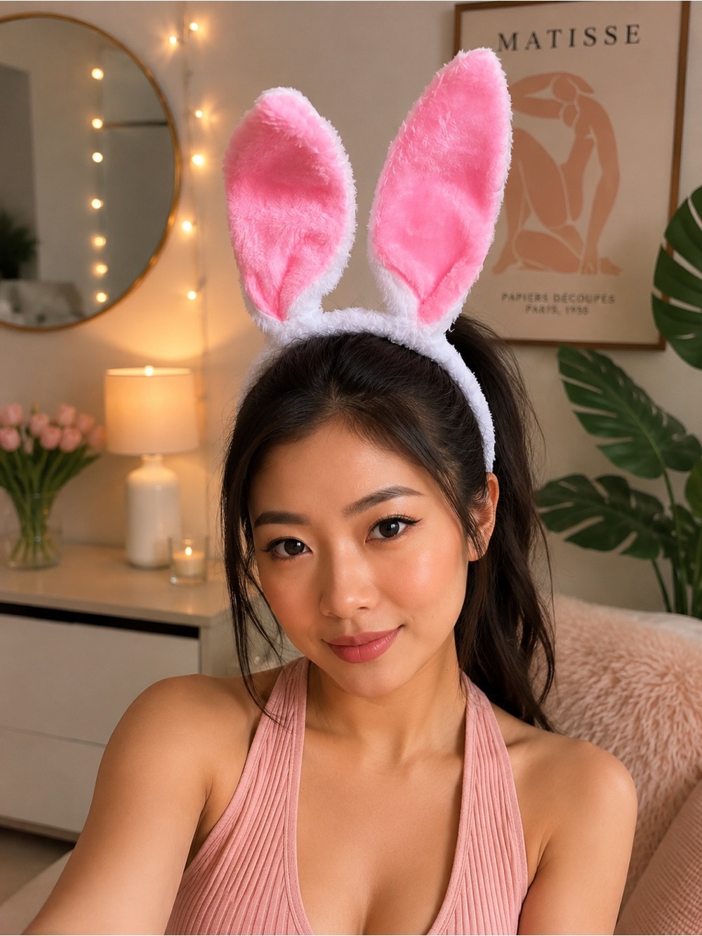 White & Pink Plush Bunny Ears Headband | Floppy Rabbit Costume Accessory |